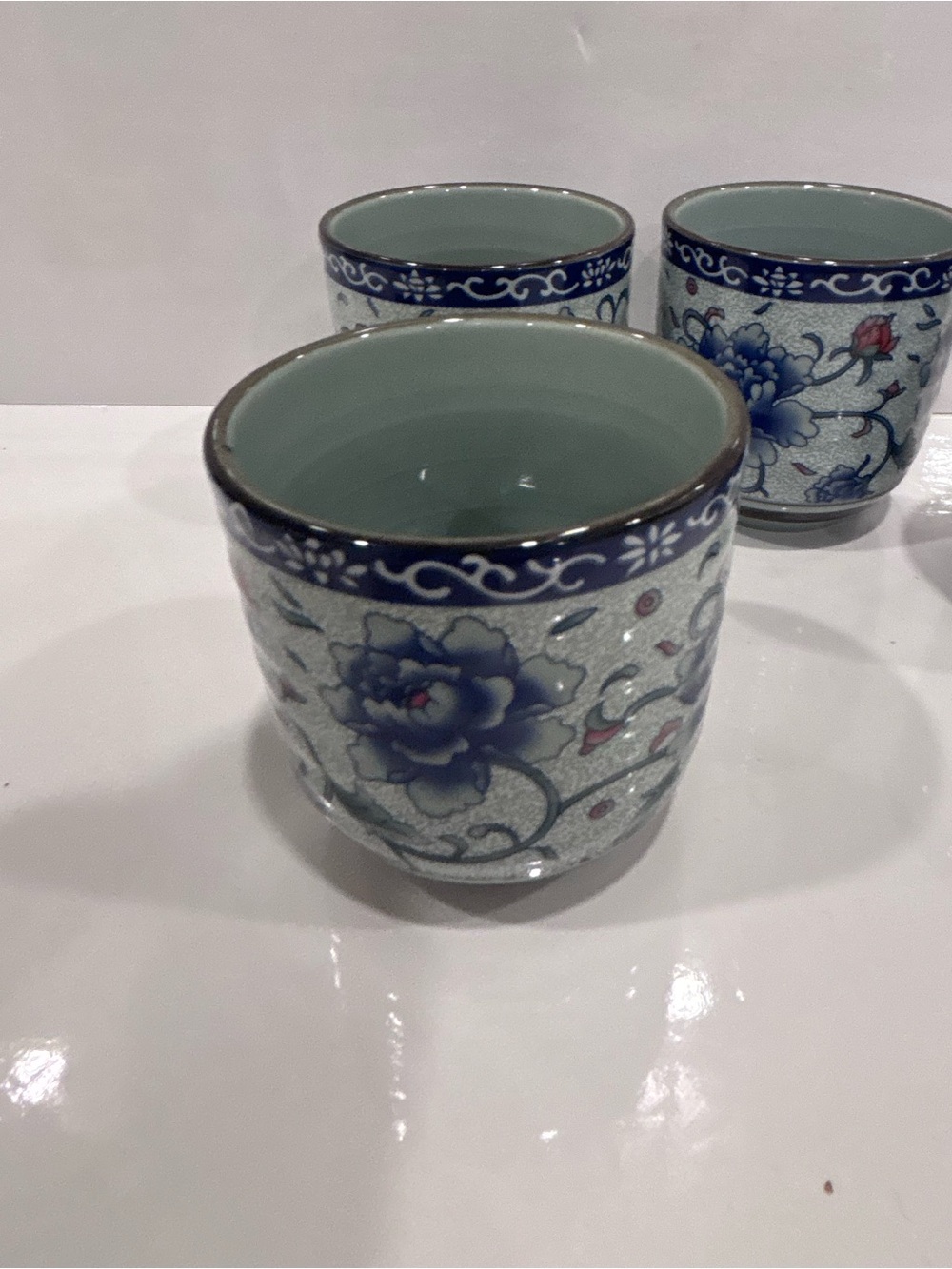 Vintage 4 Japanese porcelain yunomi tea cups blue peonies floral tea bowls - Picture 4 of 9